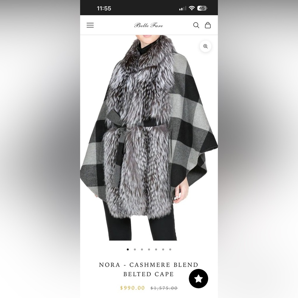 New CASHMERE BLEND BELTED CAPE with real fox. Floor sample, tag is removed.